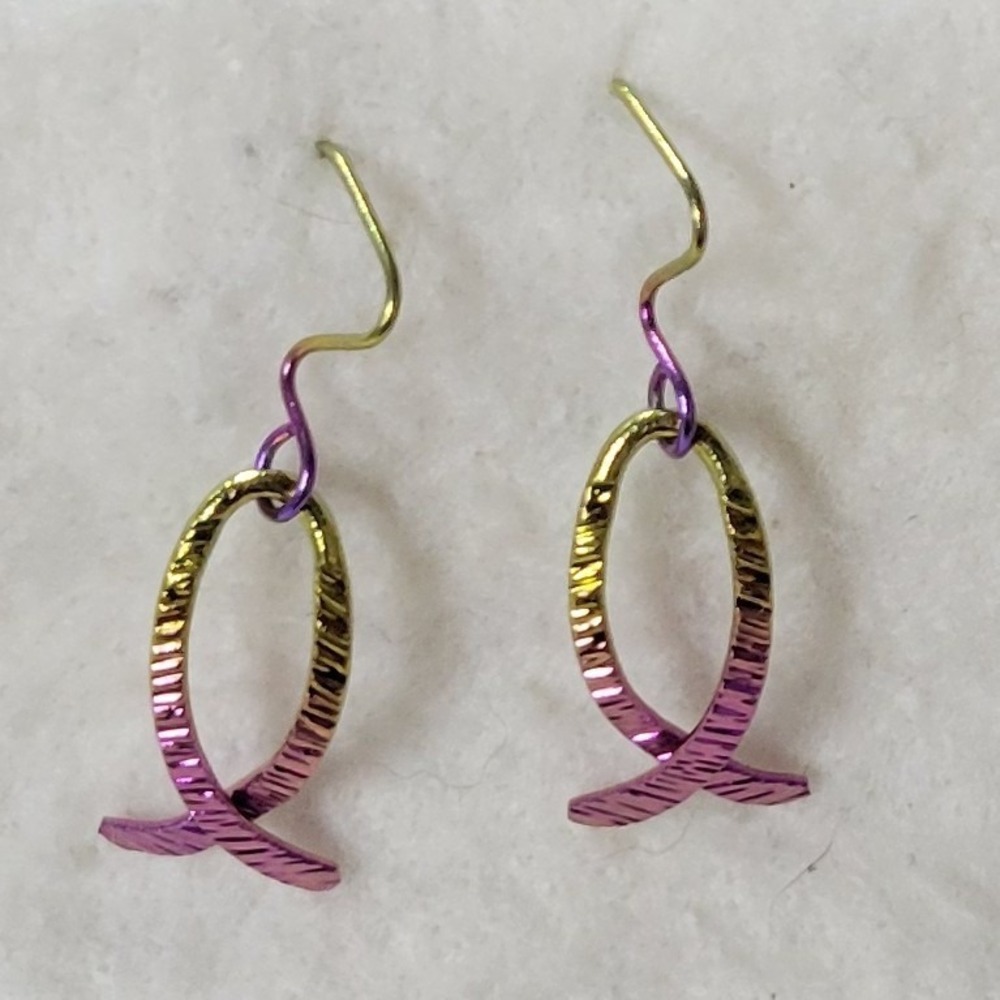 Vintage Unsigned 1990s Rainbow Wire Christian Fish French Hook 1.25" Earrings